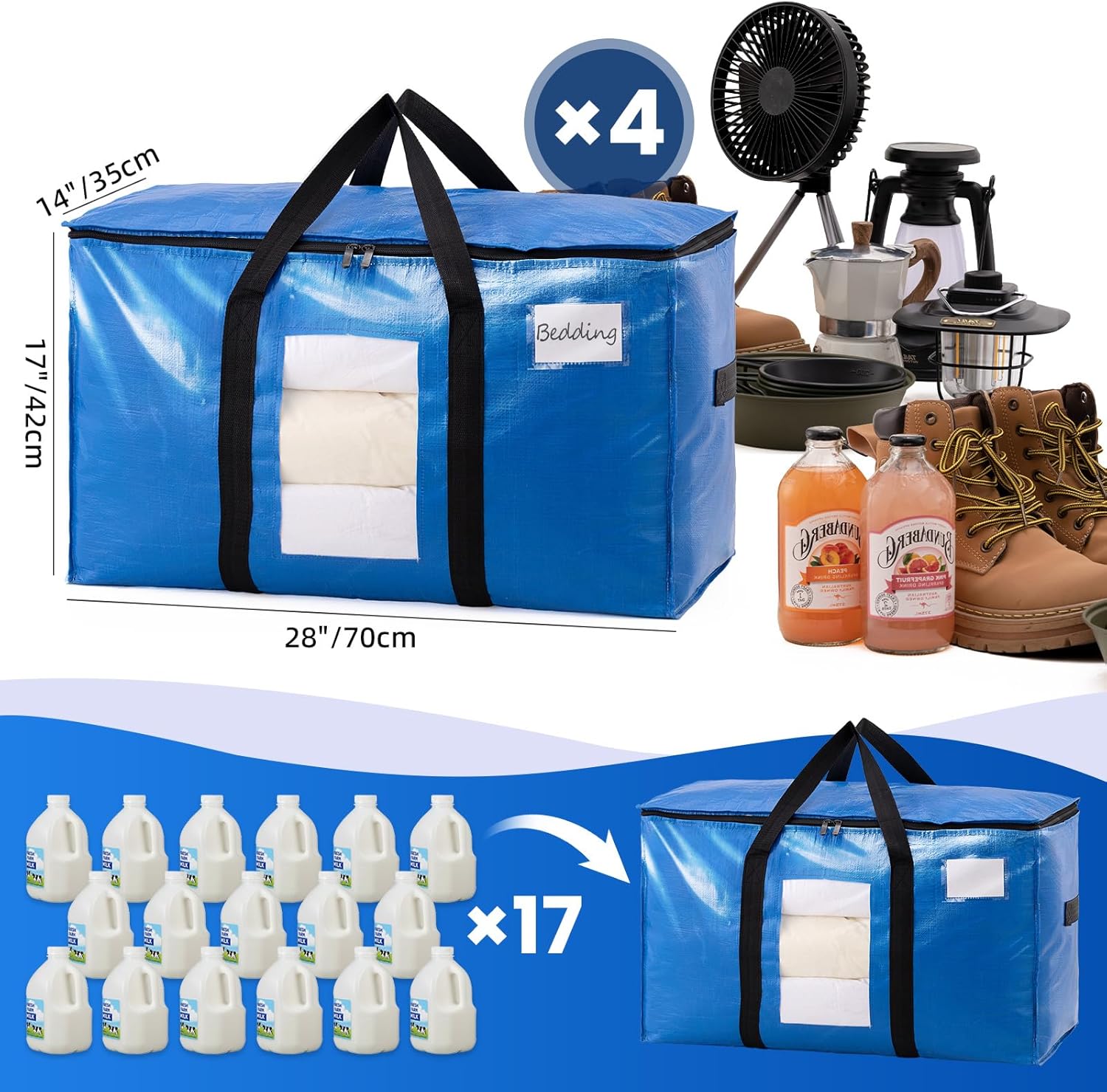 TAILI Extra Large Moving Bags, 4 Pack Blue Heavy Duty Totes For Storag