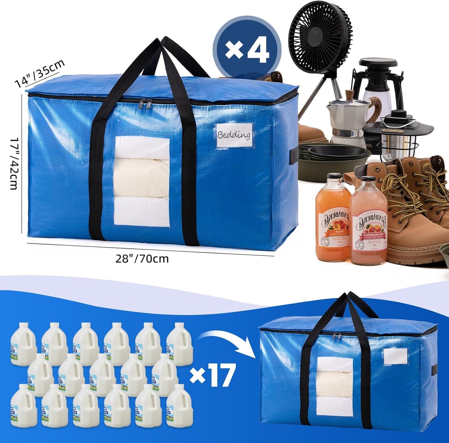 TAILI Extra Large Moving Bags, 4 Pack Blue Heavy Duty Totes For Storage with Visible Window, Wrap Around Handles, Storage Bags for Space Saving, Alternative to Moving Boxes
