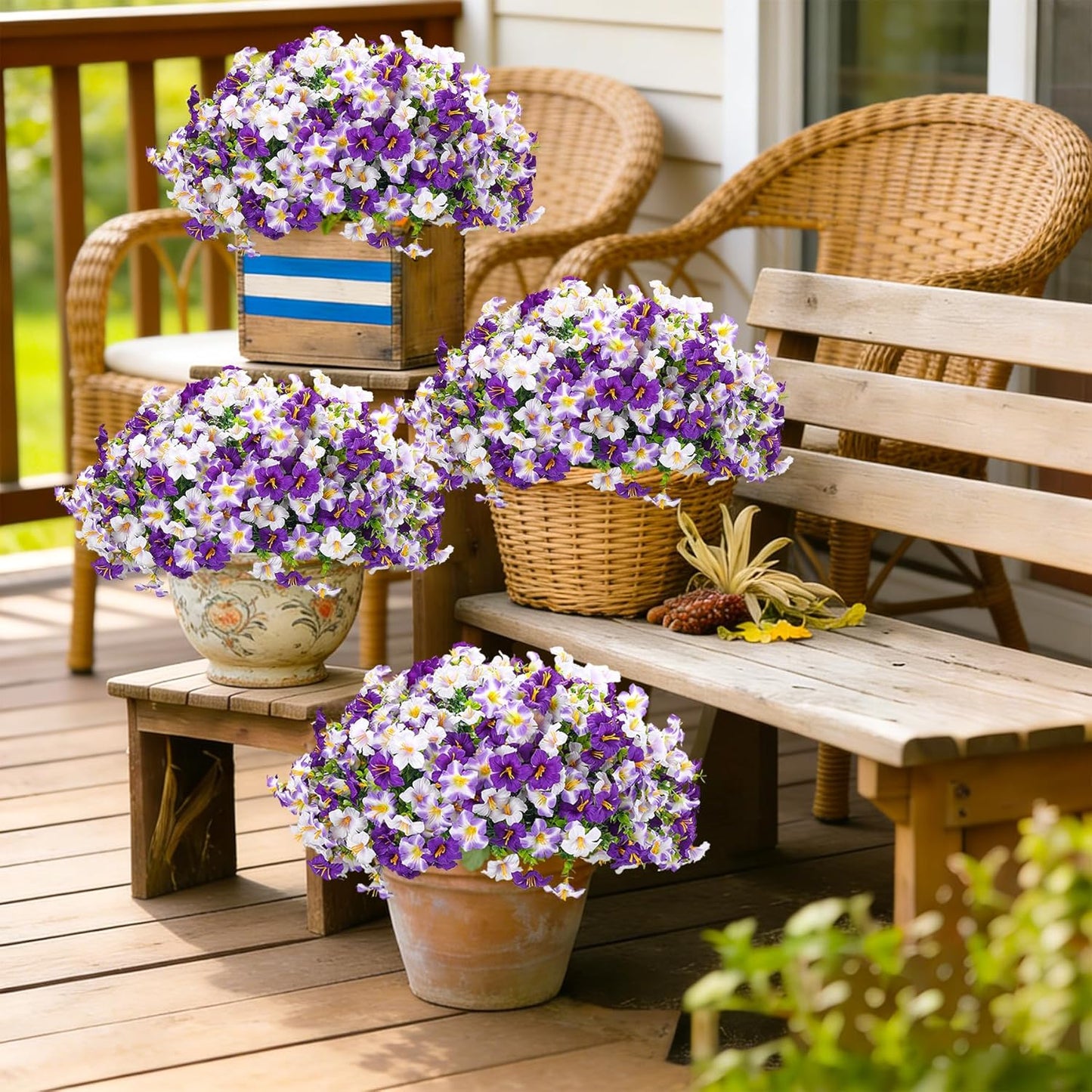 10PCS Outdoor Faux Petunia Flowers UV Resistant Artificial Fake Flowers Greenery Eucalyptus Plants for Spring Summer Garden Patio Window Box Planter Home Decor (Purple White)