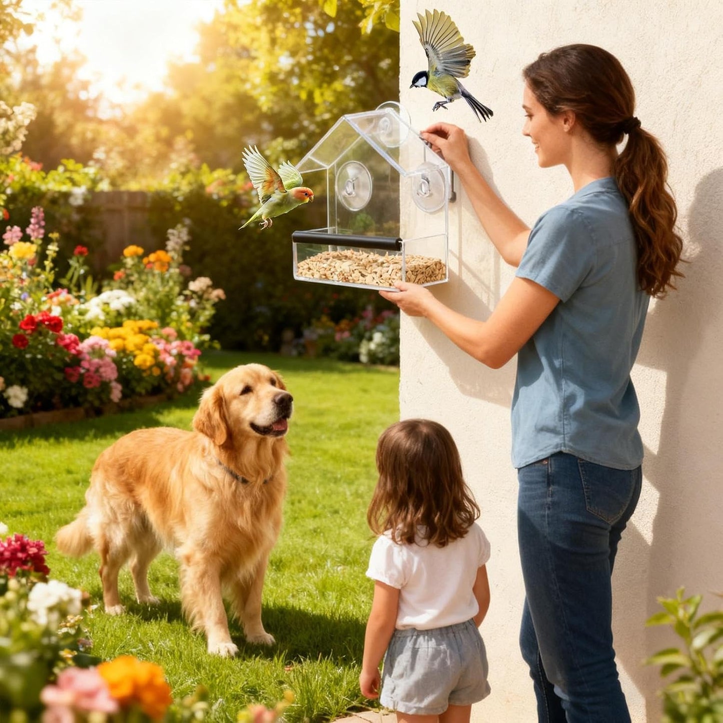 Window Bird Feeder - Clear Acrylic Large Capacity Birds Feeder, Safe Bird Feeding, Suction Cup Design for Window, Outside Garden, Outdoor Balcony, Backyard, Easy Fill, Clean