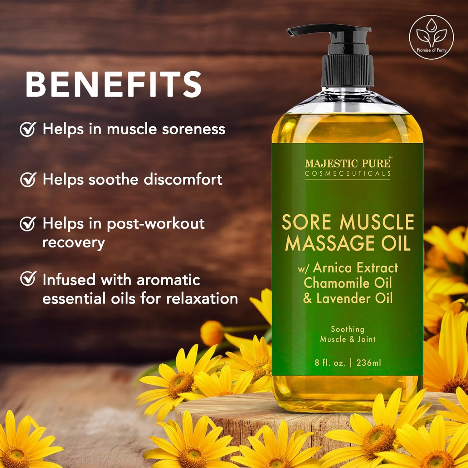 MAJESTIC PURE Arnica Sore Muscle Massage Oil for Massage Therapy - Ref