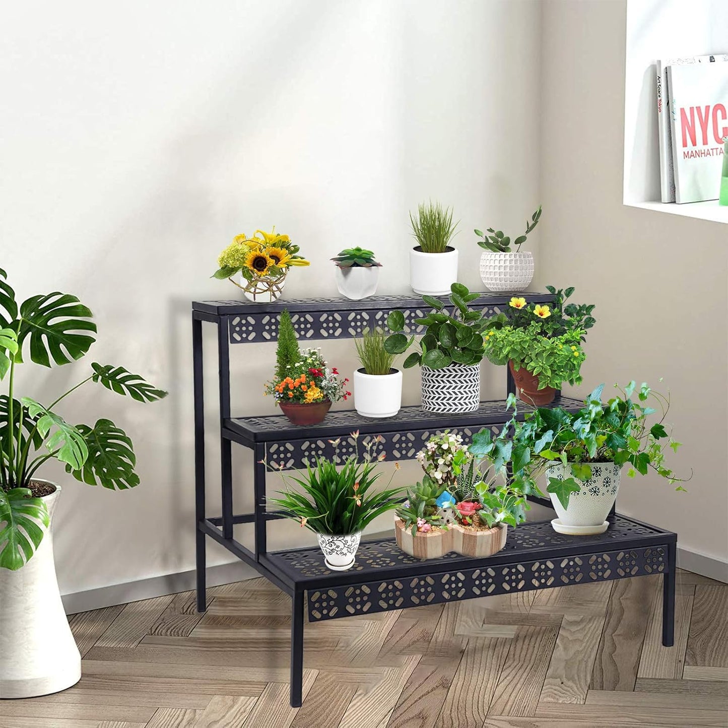 3 Tiers Metal Plant Stand,Rectangular Ladder Flower Pots Outdoor, Indo