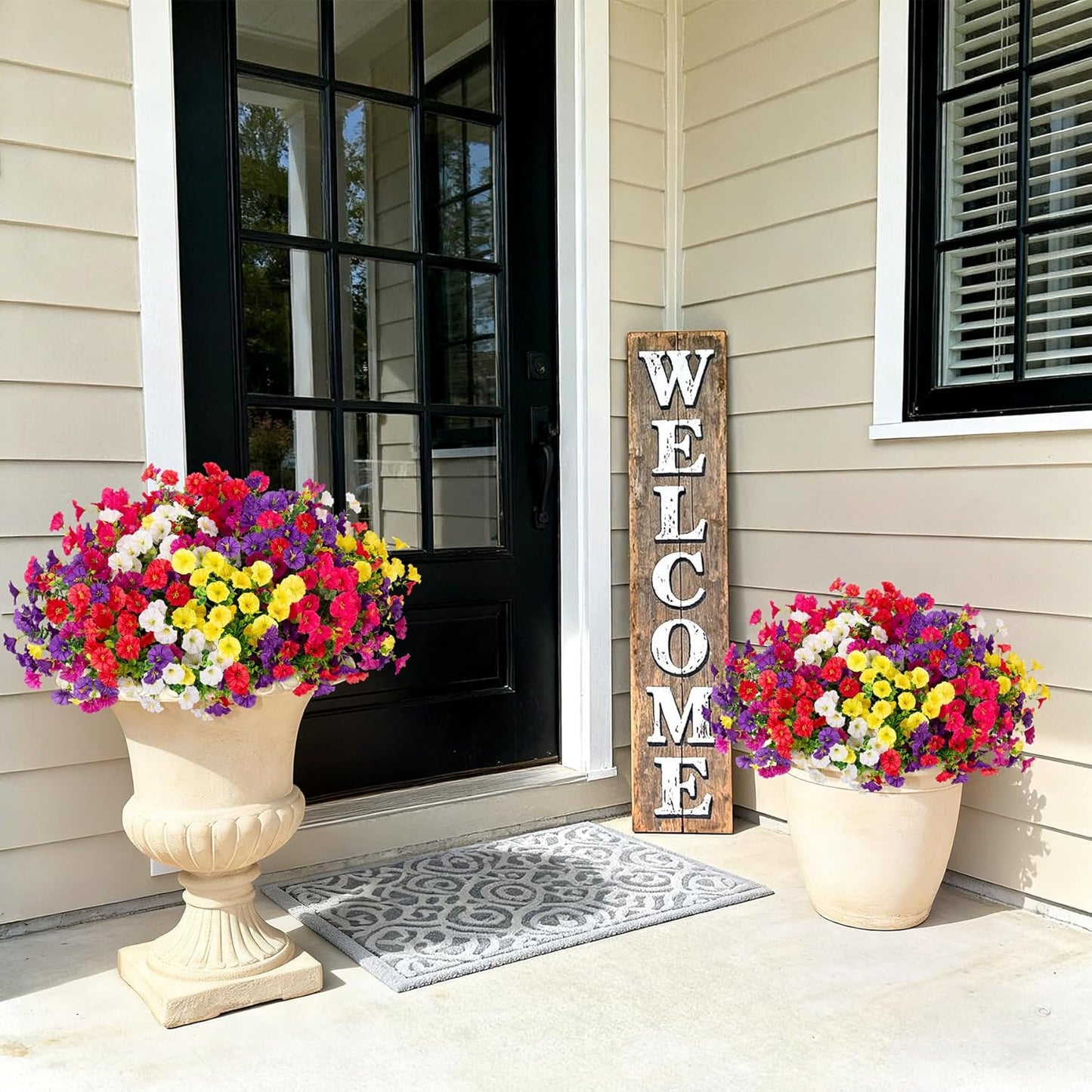 Artificial Flowers for Outdoors, 12 Bundles Fake Plastic Petunias Flower Plant, Faux UV Resistant Silk Morning Glory for Outside Planter Garden Front Porch Door Spring Summer Decor