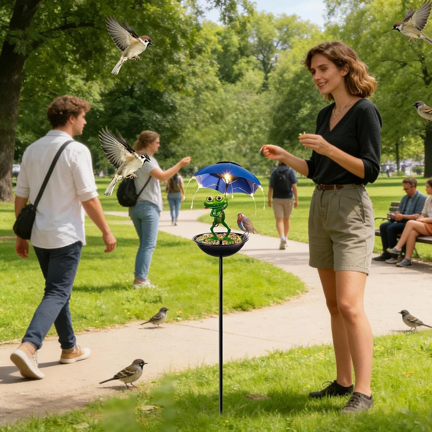 Outdoor Bird Feeder, Solar Frog Garden Light Decor, Bird Feeders for Outside, Garden, Backyard, Balcony, Outdoors, Ground, Landscape, Home Decoration