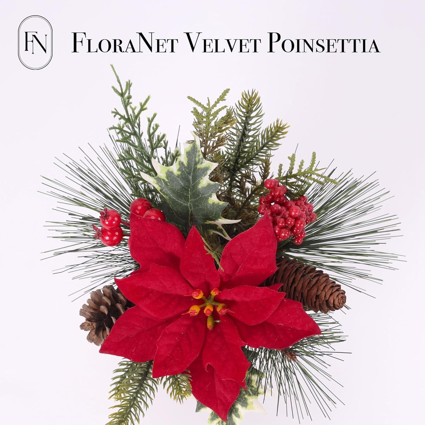 4 Pack 9" H Christmas Tabletop Artificial Fake Christmas Red Poinsetia Flocking Berry Pine for Home Office Desk Fireplace Decorations