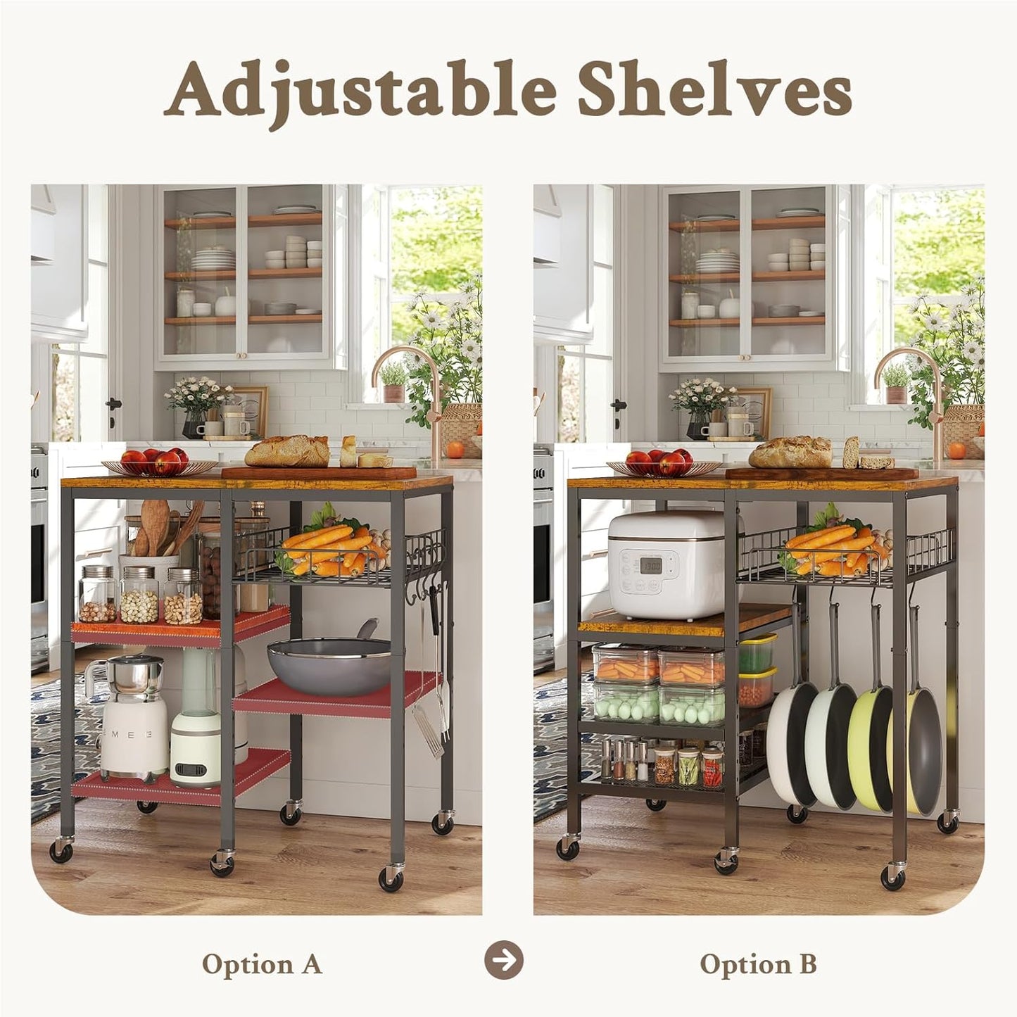 Hadulcet 4-Tier Adjustable Microwave Stand with Storage on Wheels - Rolling Kitchen Cart & Mobile Coffee Bar, Standing Baker's Rack for Kitchen Island, Office, Living Room