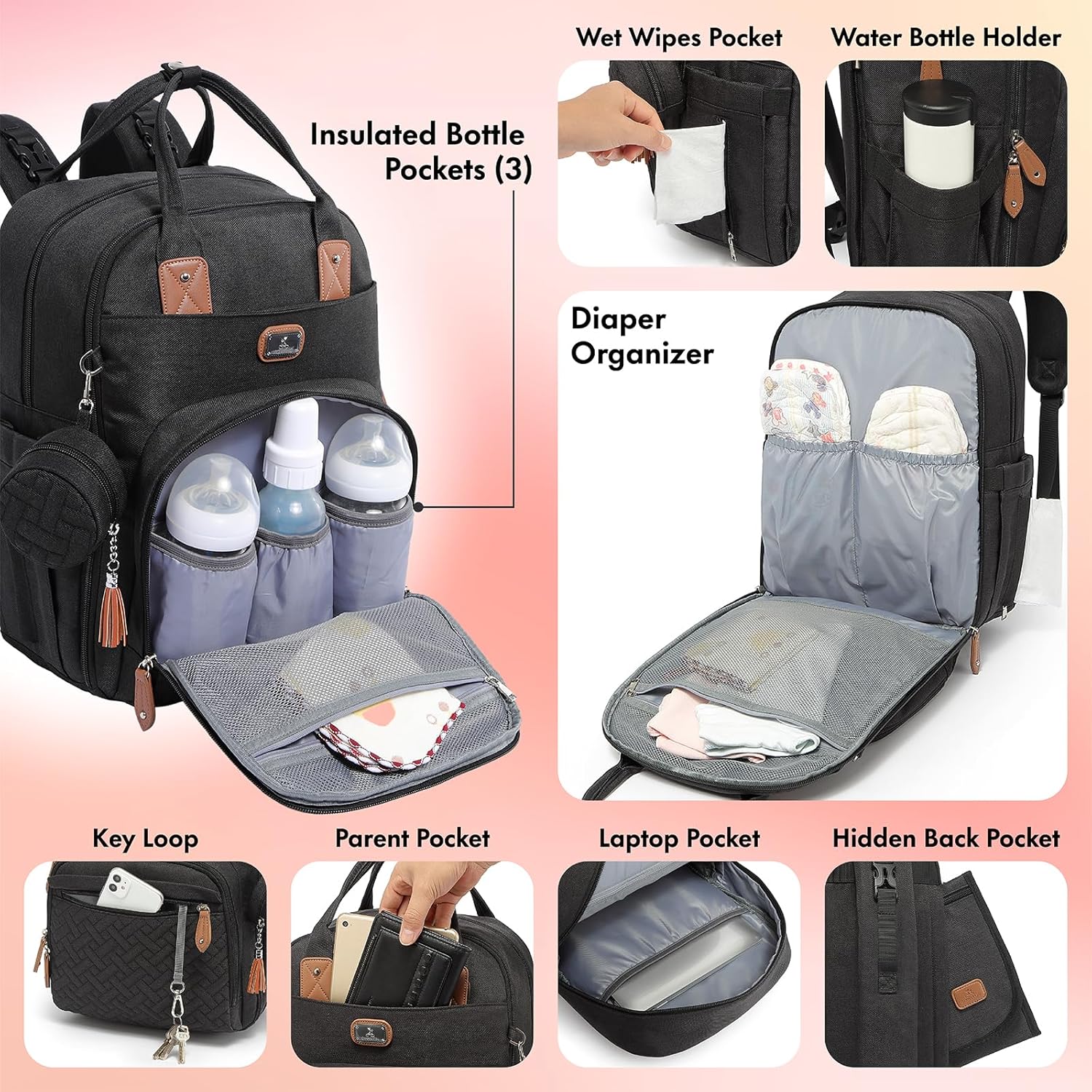 Dikaslon Diaper Bag Backpack with Portable Changing Pad, Pacifier Case