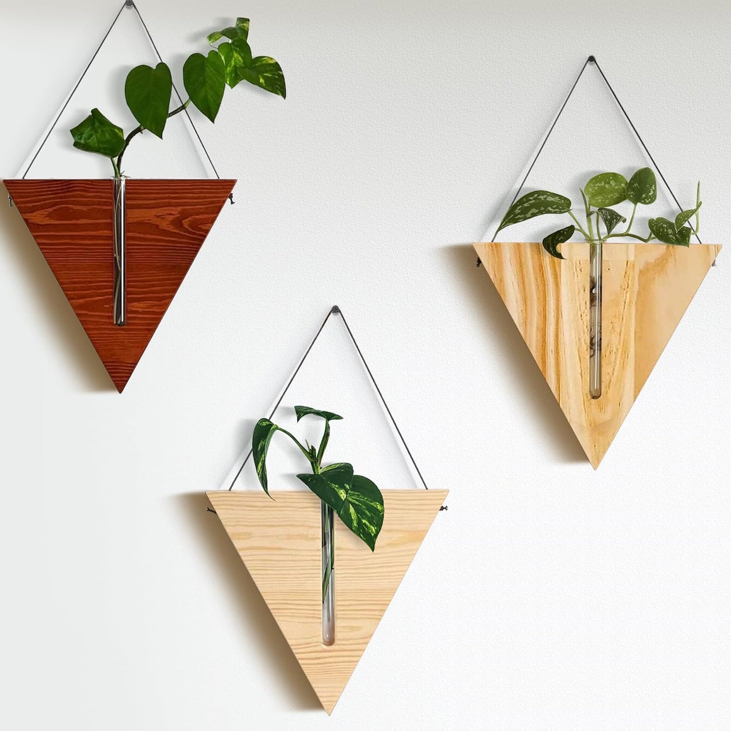 Indoor Wall Planter, Bohemia Flower Vase, Propagation Station, Wooden Hanging Planter, Wall Decor for Living Room (Triangles/Set of 3)