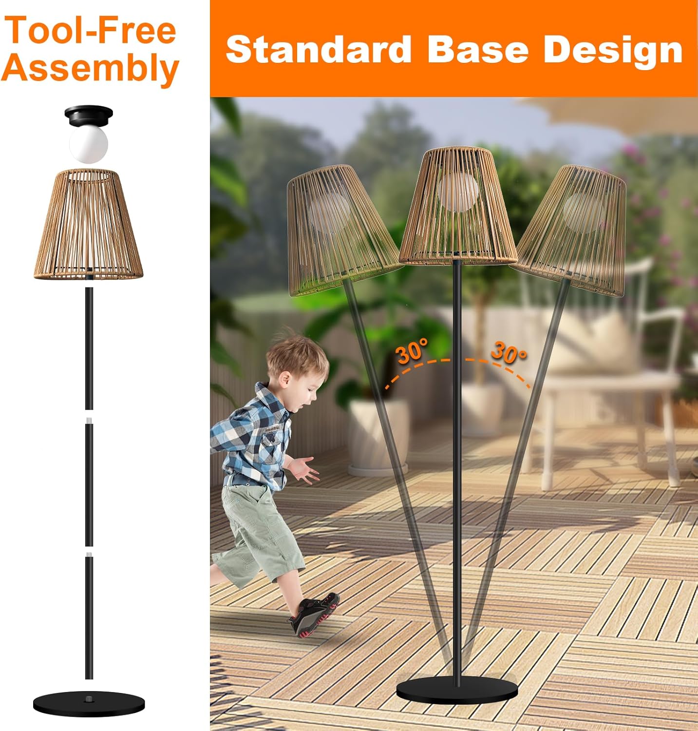 Outdoor Solar Floor Lamp, Garden Rattan Wicker Light, Metal Pole and Base, Waterproof Yard Garden Wedding Home Decor Light -Brown