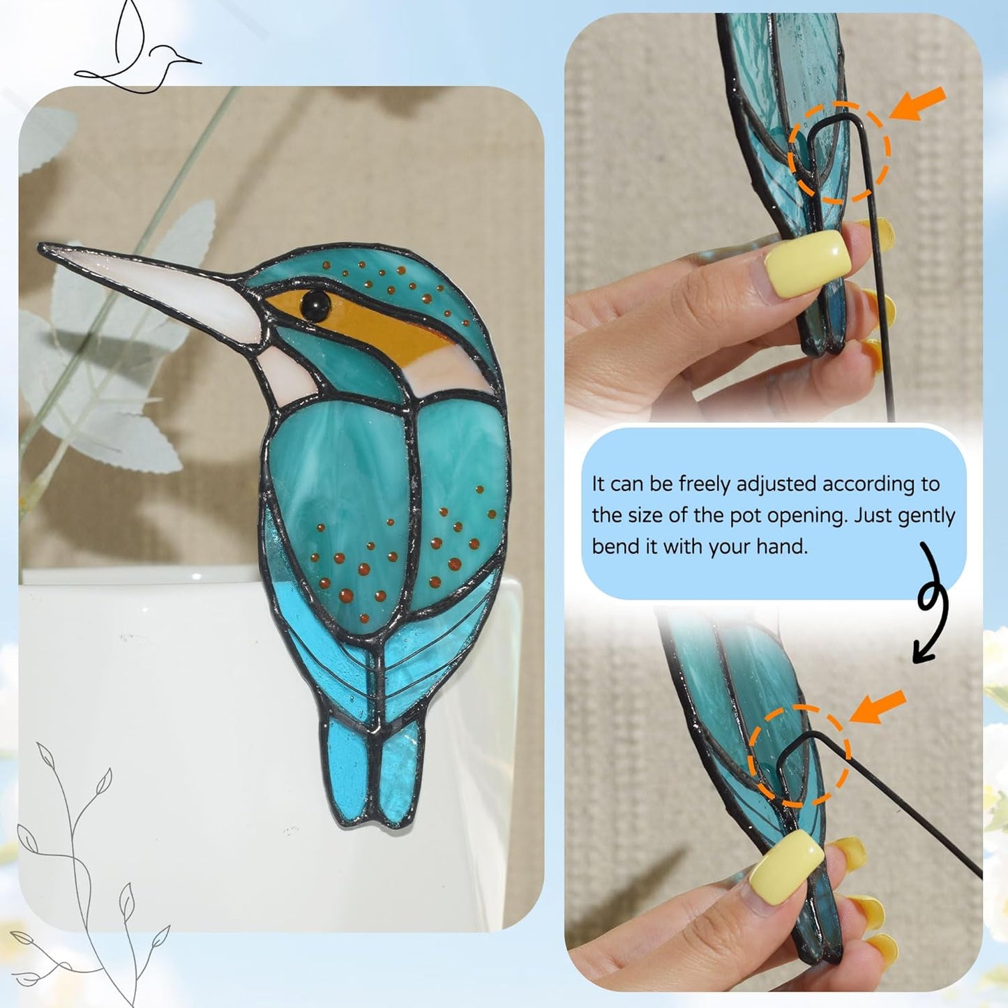 Lolitarcrafts Stained Glass Kingfisher Suncatcher for Planter Decoration-Colorful Glass Plant Pot Ornament,Bird Lover Gifts,Plant Lover Gifts