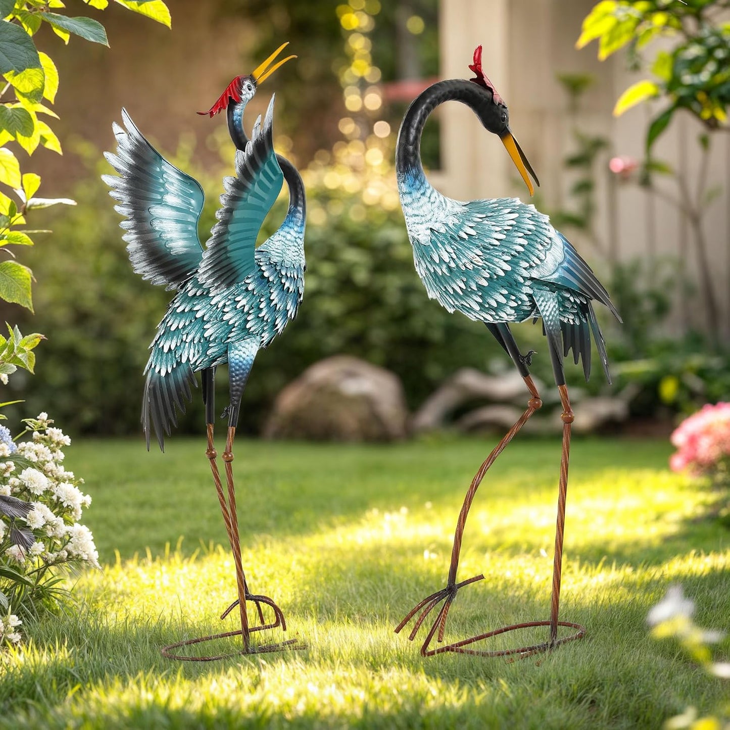 36.8" Metal Crane Garden Statue, Handcrafted Extra-Large Blue Heron De
