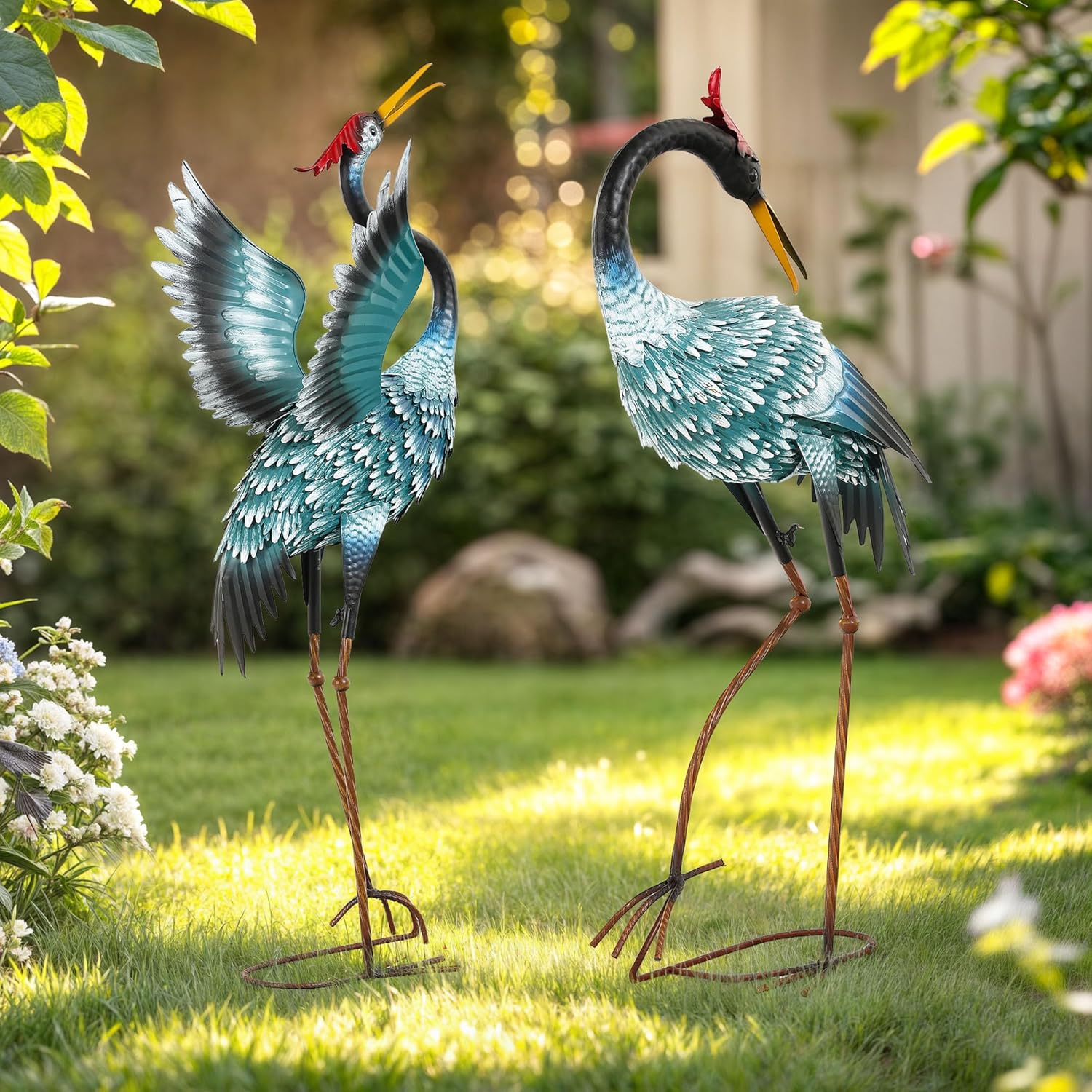 36.8" Metal Crane Garden Statue, Handcrafted Extra-Large Blue Heron De