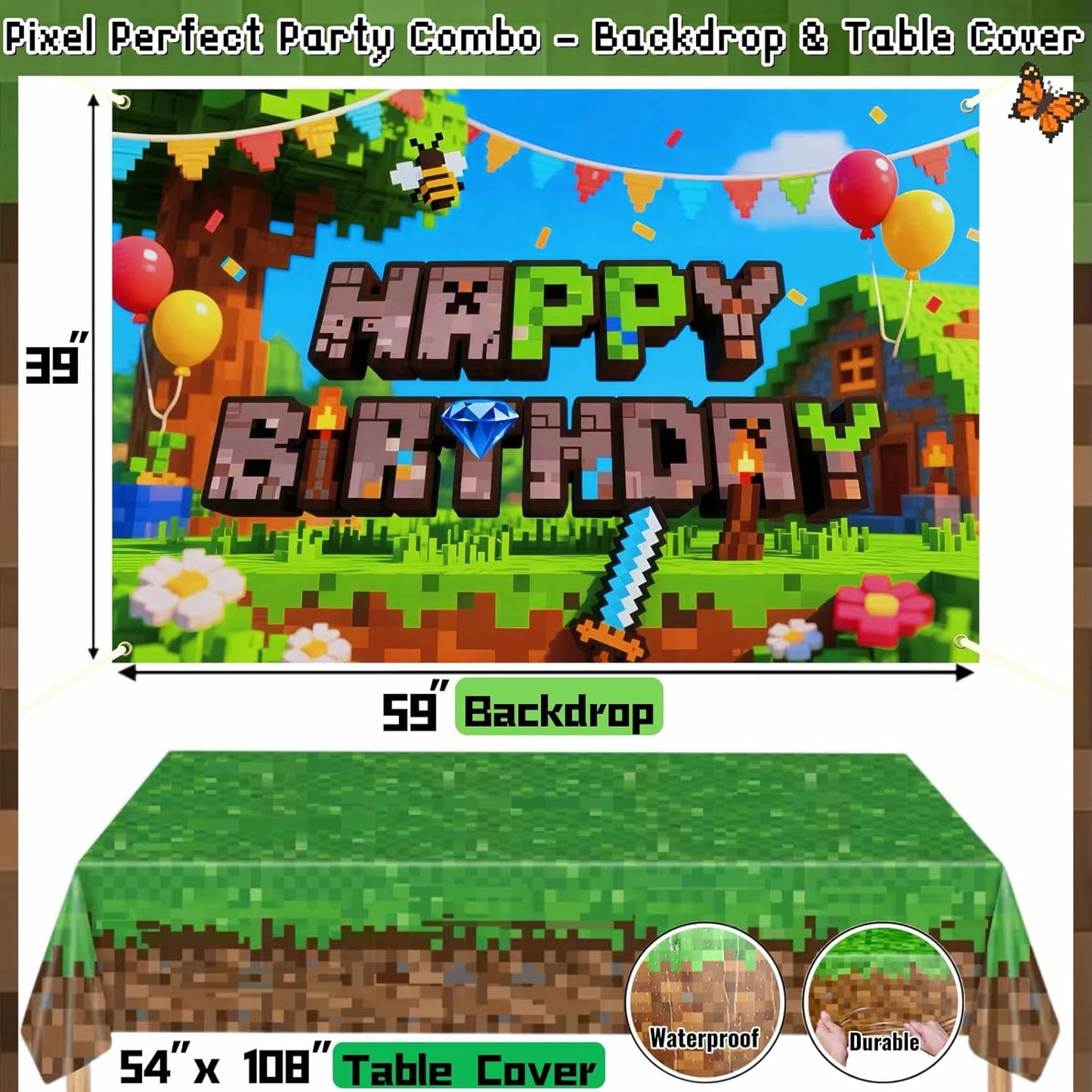 Pixel Gamer Birthday Decorations for Boys– All in One Party Decor Kit with Authentic Biome Colors (Cocoa Brown, Jungle Green, Black) – Includes TNT & Controller Foil Balloons, Backdrop, and Tablecloth