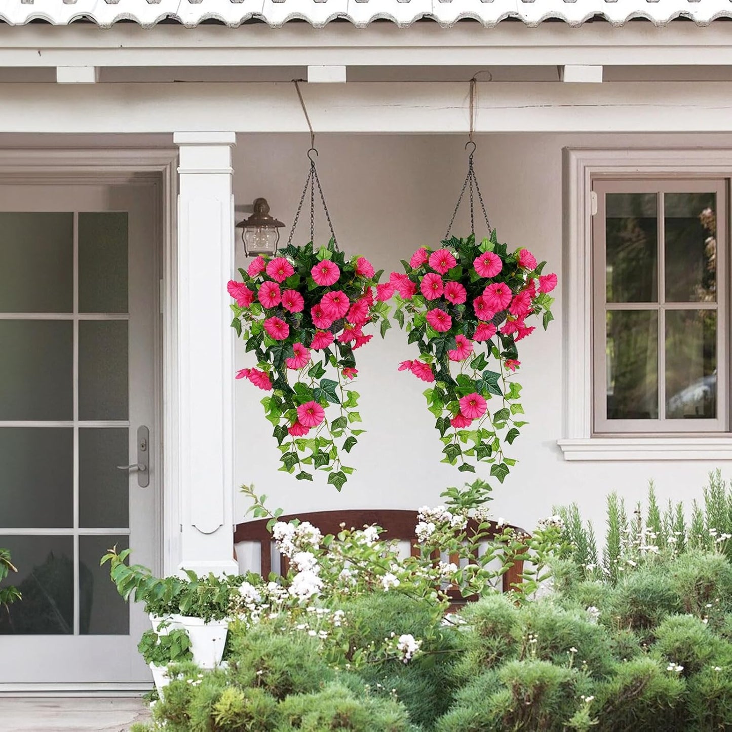 RECUTMS 2 Pcs Artificial Silk Fake Hanging Flowers for Outdoors, 18In UV Resistant Faux Petunias Trailing Plants Realistic Flower Look Real for Door Wall Yard Porch Garden Planter (Rose Red)