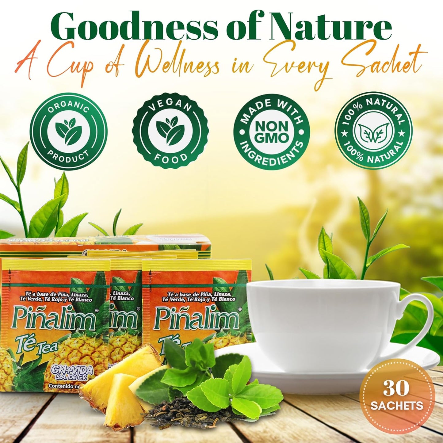 GN + VIDA Pinalim Tea | 홍차, 녹차, 백차 및 세나 잎이 함유된 파인애플 기반 차 | 티백 30개