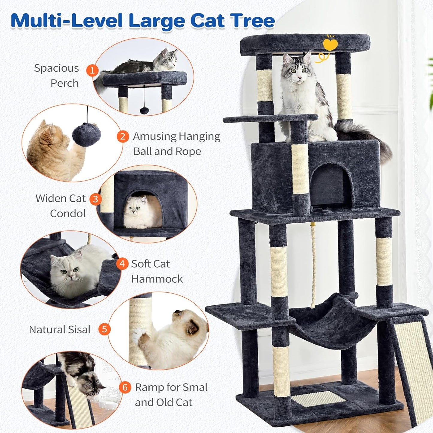 Cat Tree Tower 63in Multi-Level Cat Tower for Indoor Cats with Sisal S