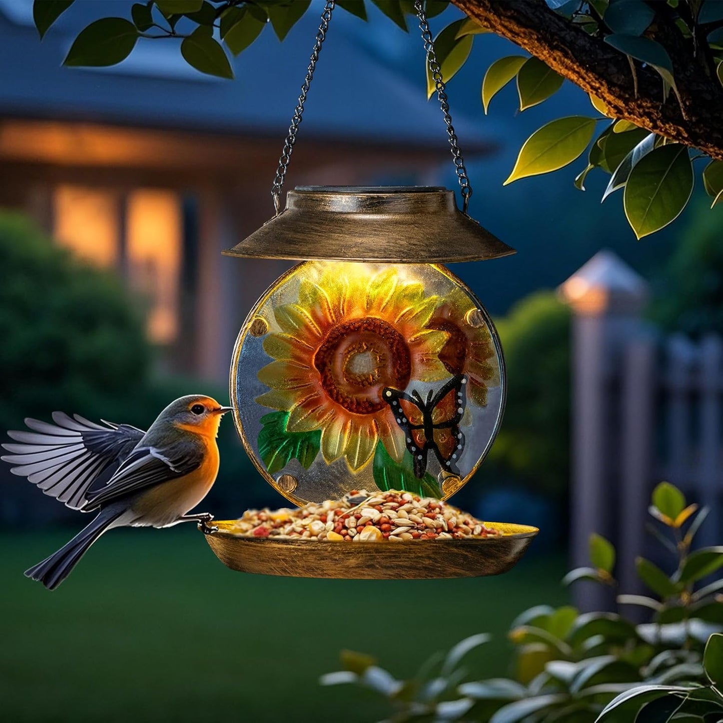 Solar Bird Feeders for Outdoors Hanging, Solar Sunflower Bird Feeder with Led Light Waterproof Metal Birdfeeders Outside Hanging Decorative for Outdoor Garden Yard Patio Backyard