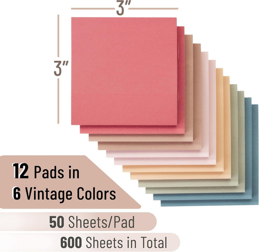 Mr. Pen- Sticky Notes, 3"x3", 12 Pads, Vintage Colors, Self-Stick Pads