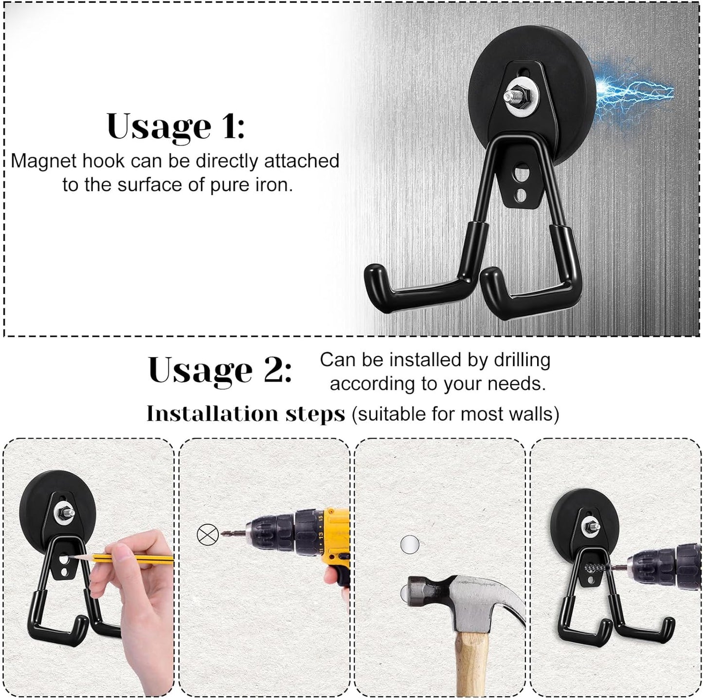 4Pcs Heavy Duty Storage Magnetic Utility Hooks Large Garage Strong Extra Magnet Hooks Hanger with Anti-Slip Coating Heavy Duty Magnetic Hook for Hanging Power Dril Garage Garden Tools Black