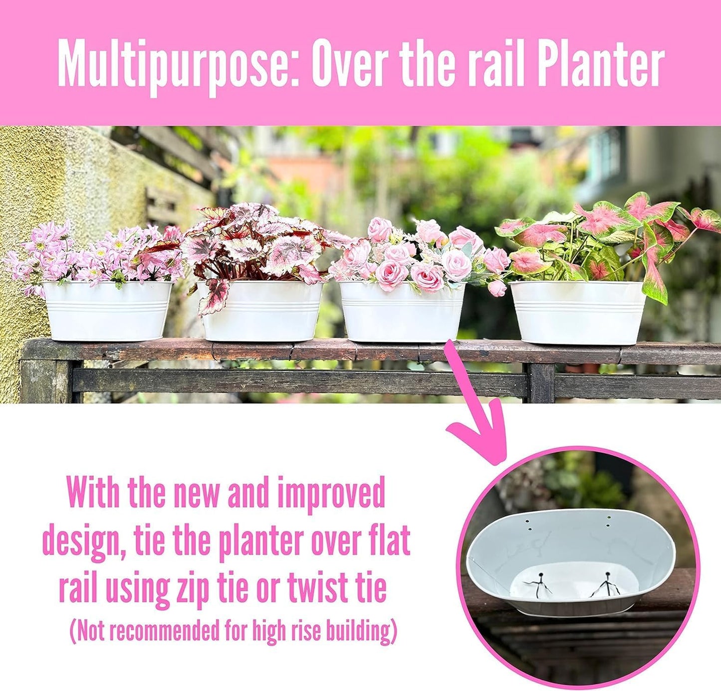 Maxona Metal Iron Hanging Flower Pots, 6 Pack, 9.8 Inch Oval White Railing Fence Hanging Bucket Pots Countryside Style Window Flower Plant Holder with Detachable Hooks Home Décor