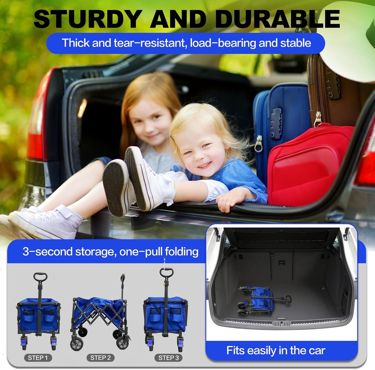 Collapsible Wagon Cart Foldable with 200lbs/80L Weight Capacity, Utility Grocery Shopping Cart with Wheels, Lightweight Portable Folding Wagon with Locking Caster, Blue