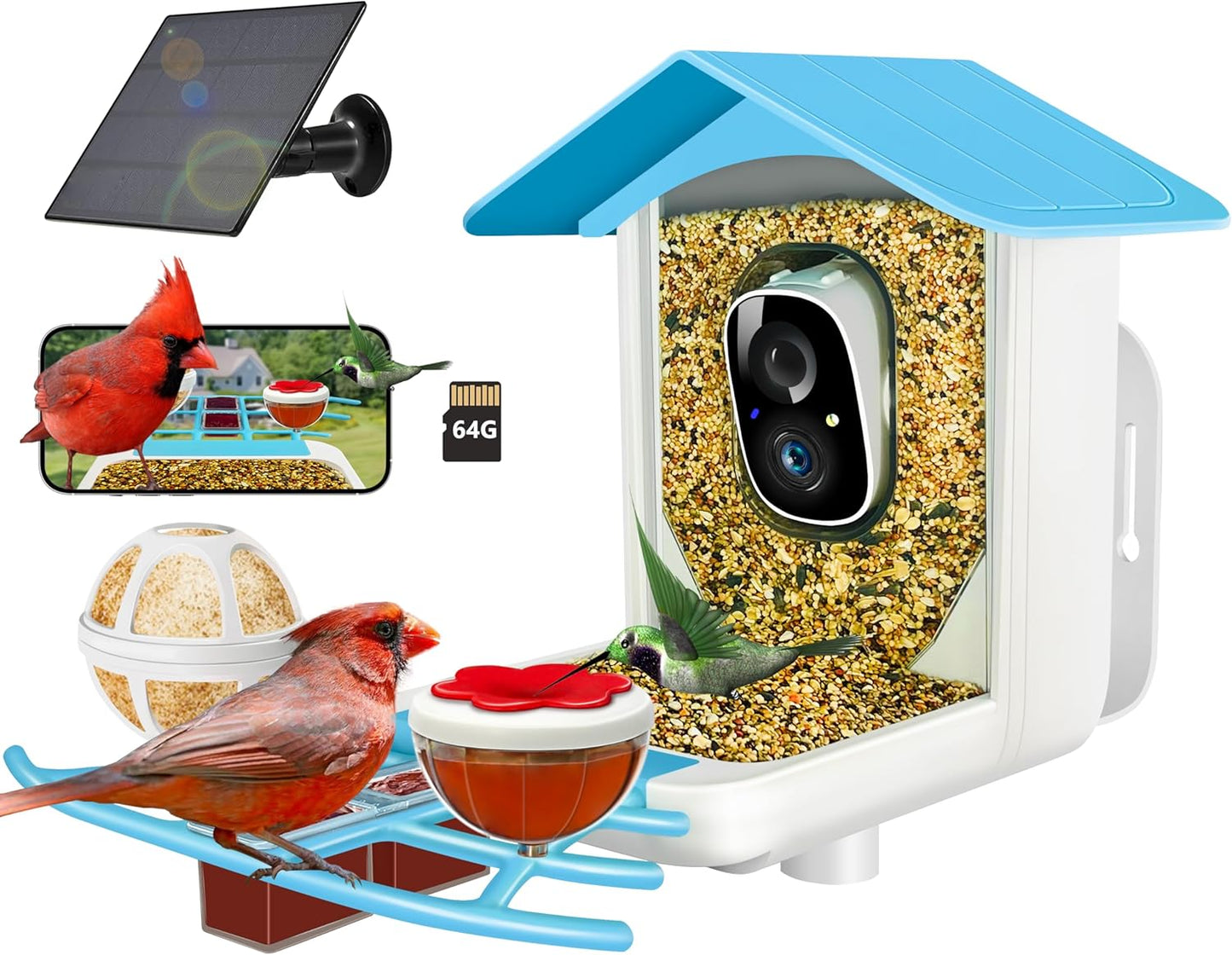 64GB Smart Bird Feeder with Camera Solar Powered, 2K 3MP HD Live Video