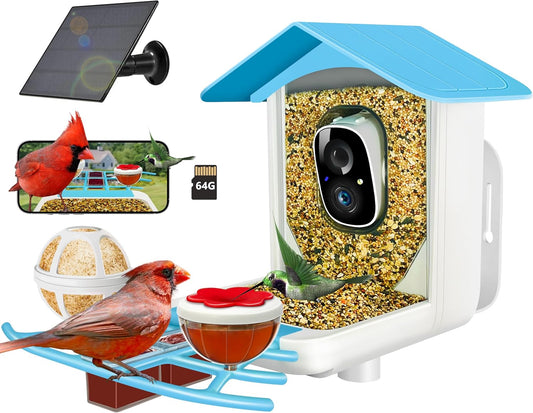 64GB Smart Bird Feeder with Camera Solar Powered, 2K 3MP HD Live Video