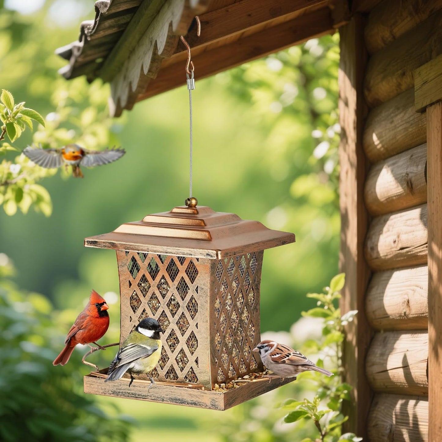 Outdoor Bird Feeder, Heavy Duty Retro Lamp Style Bird Feeders for Outside Hanging, Double Metal Mesh Birdfeeder with Lid Fixing Buckle, 3Lbs Capacity - Bronze