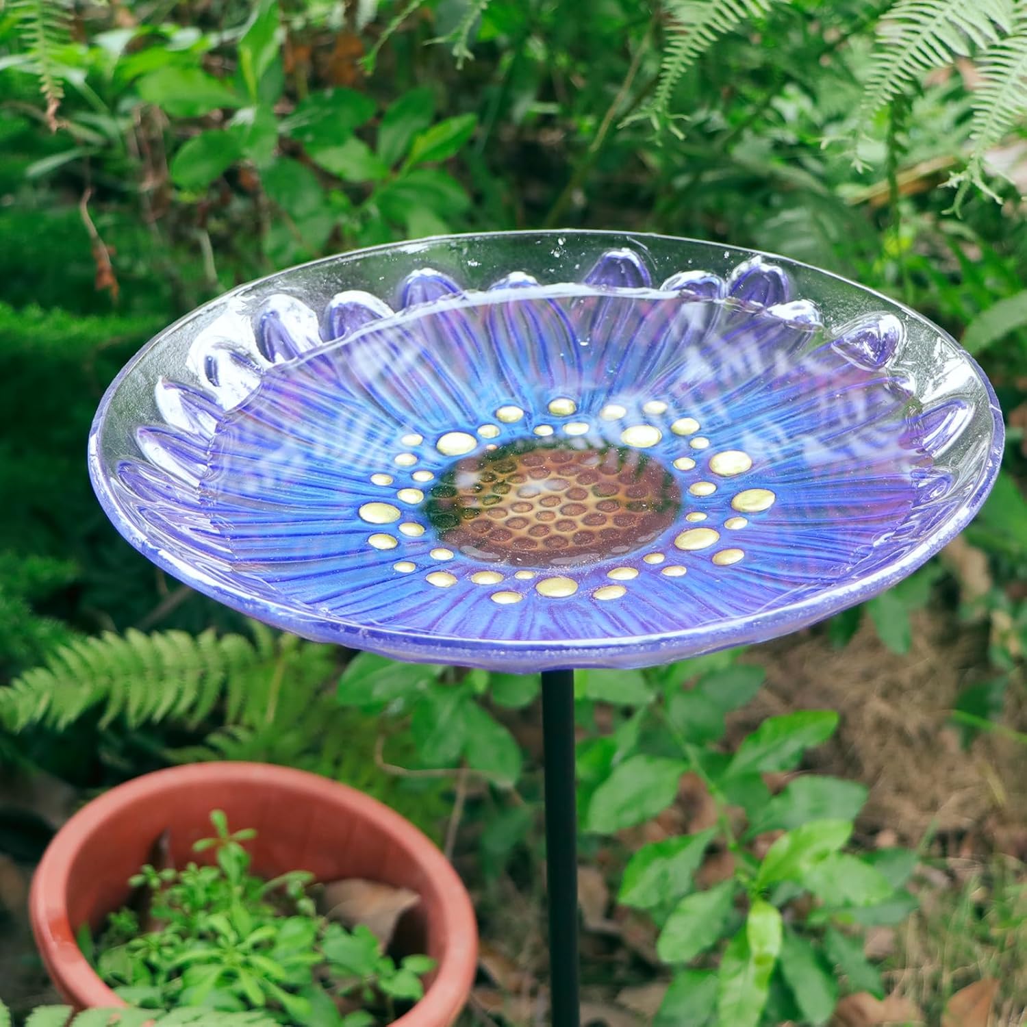 MUMTOP Bird Baths for Outdoors, Glass Bird Bath Stake, Purple Daisy Bi