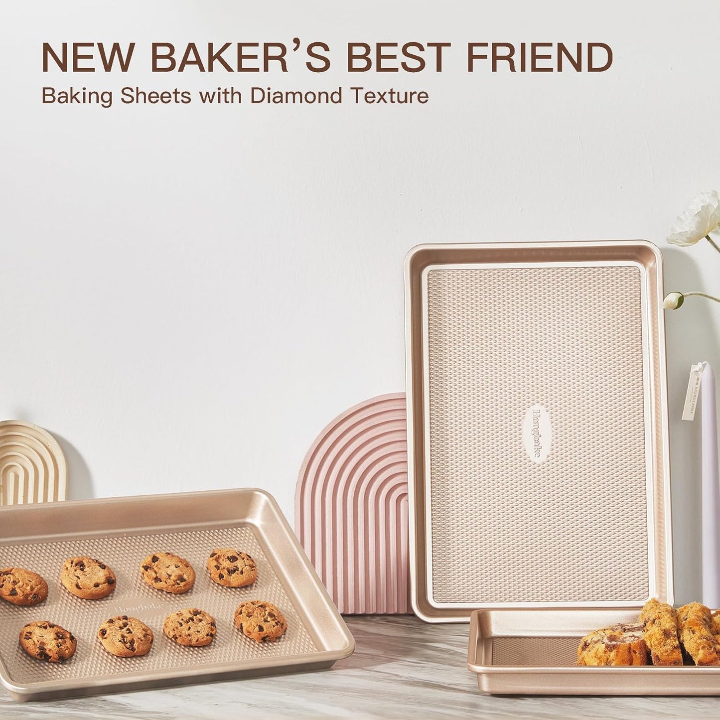 HONGBAKE Baking Sheet Pan Set of 3, Cookie Sheets for Oven, Nonstick H