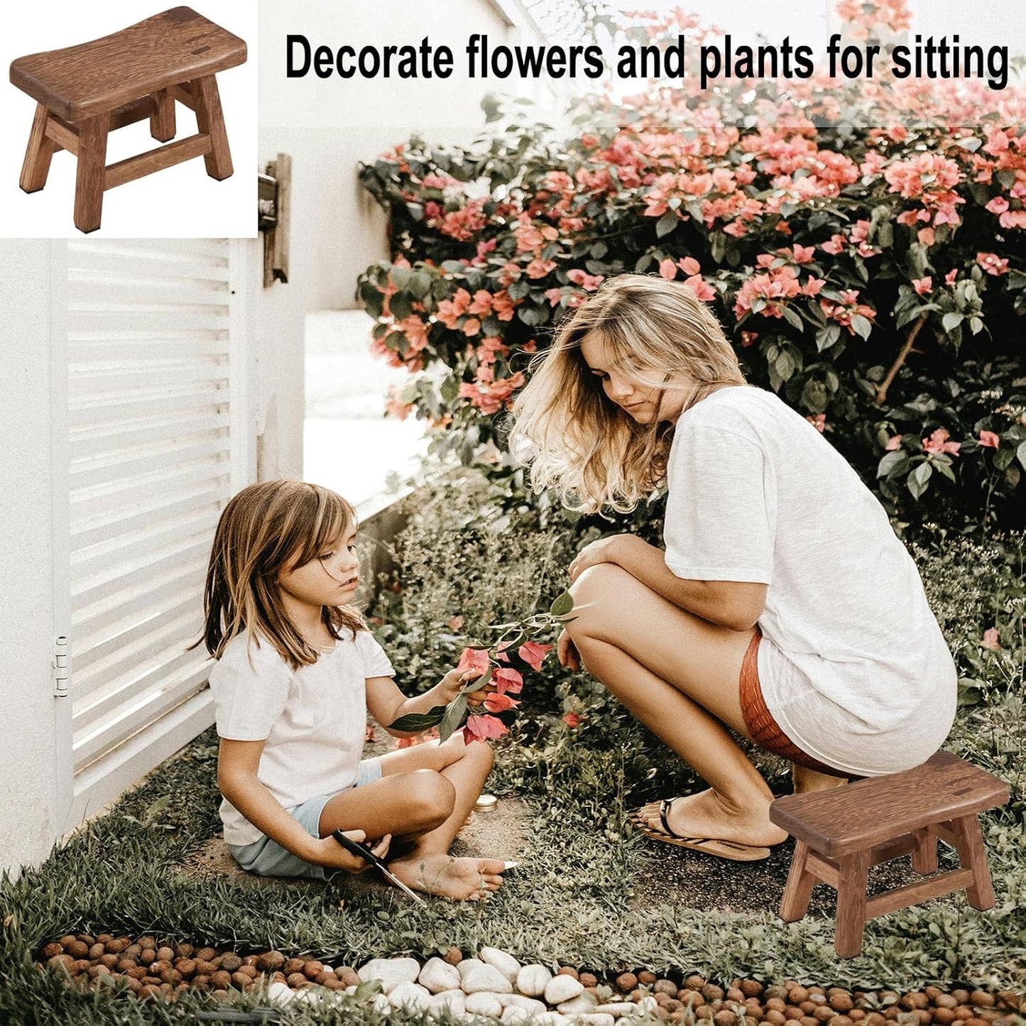 Solid Wood Step Stool, Rustic Small Wooden Stool for Adults, Kids and Toddlers, Mini Bench Plant Stand Fishing Stool for High Beds, Kitchen, Bathroom, Closet, Sink