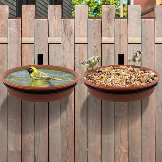 Fence Bird Feeders Tray - 2pcs Tree Mounted Wild Bird Bath for Outdoors Place Food Water, Installed on Wooden Deck Fence with Heavy Duty Iron Ring, 8.3'' Dia. (Brown)