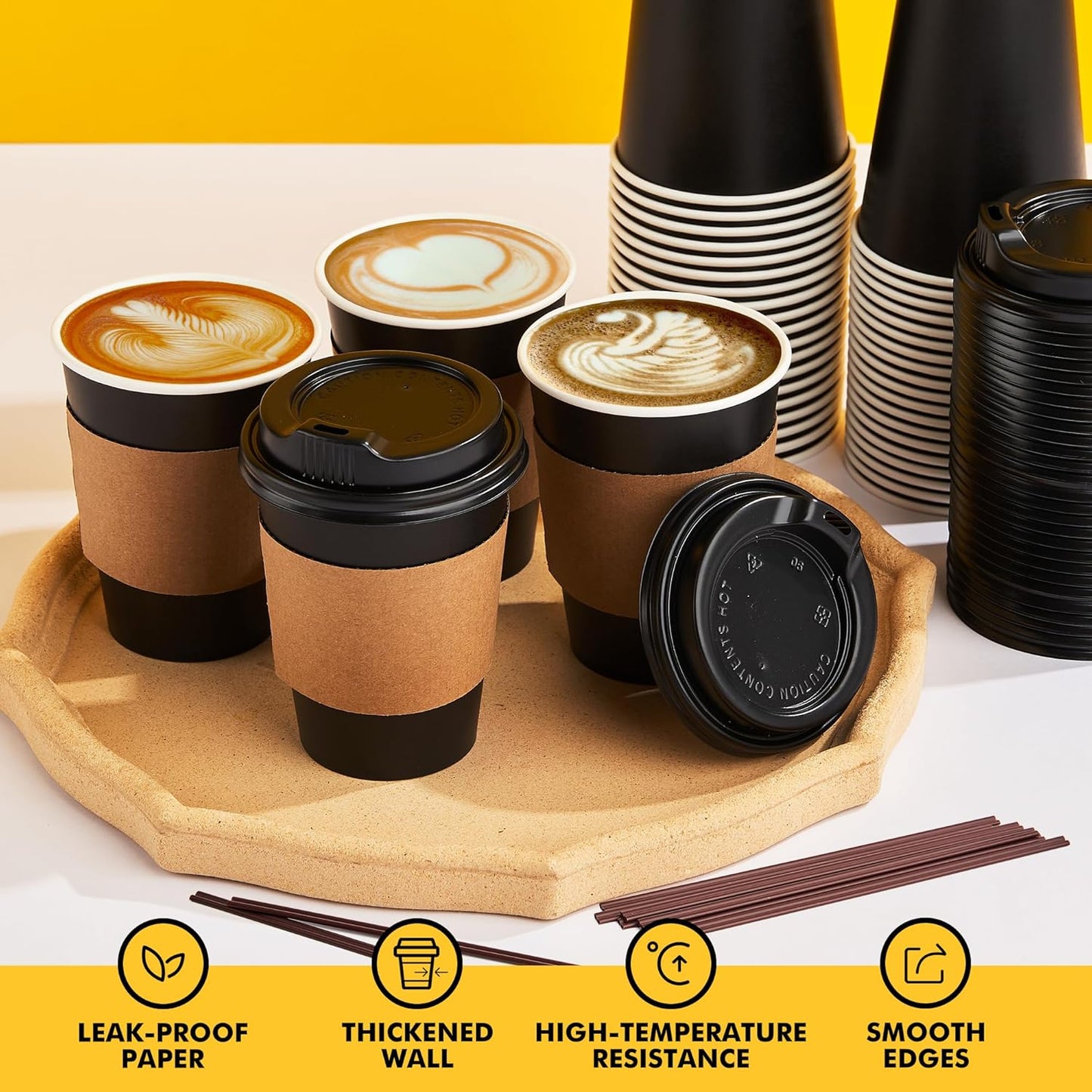 RACETOP 12 oz Paper Coffee Cups,100 Pack Black Disposable Coffee Cups with Lids, Sleeves and Stirring Sticks, 12 oz Hot Coffee Cup for Hot Drinks, Parties, Picnic, Travel, and Events