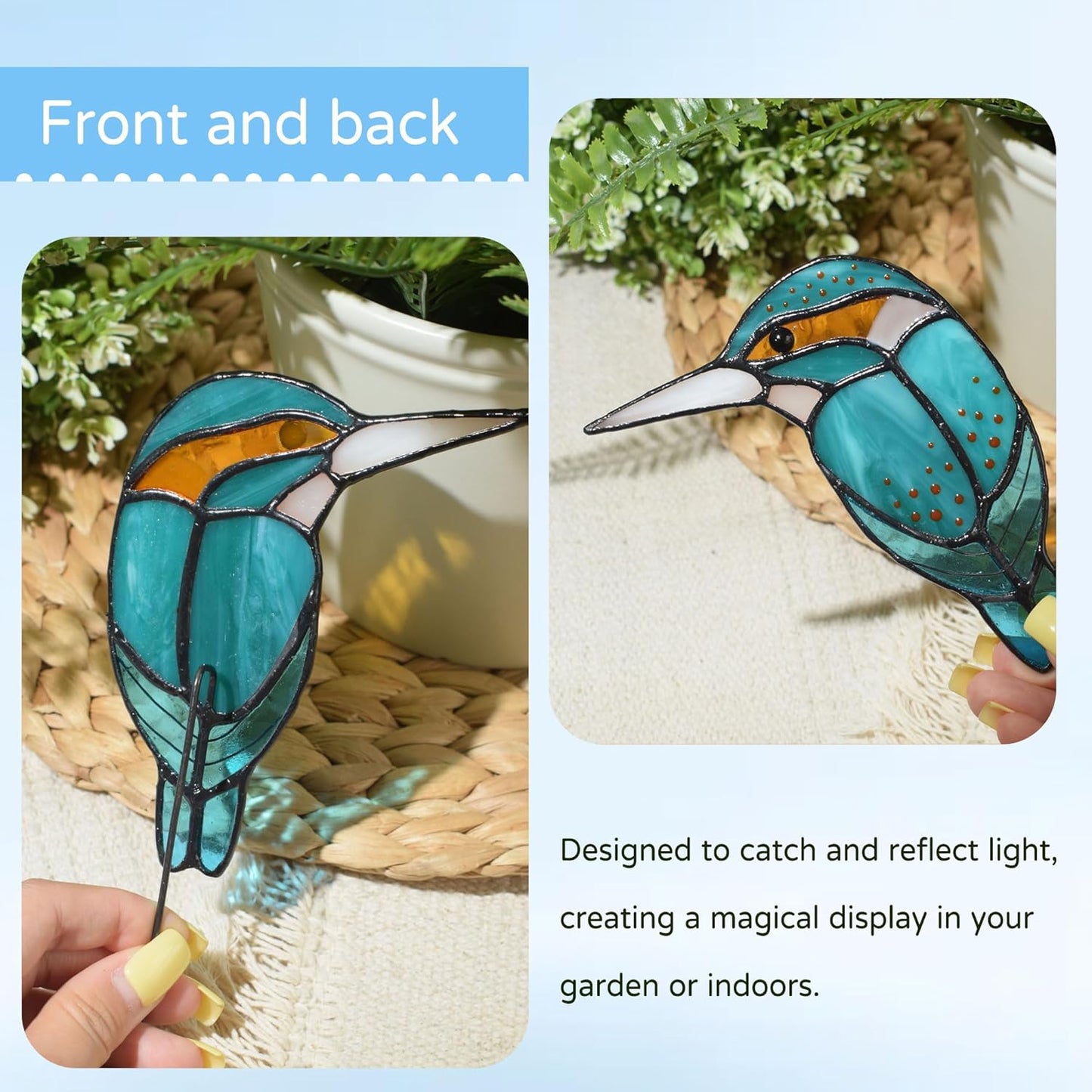 Lolitarcrafts Stained Glass Kingfisher Suncatcher for Planter Decoration-Colorful Glass Plant Pot Ornament,Bird Lover Gifts,Plant Lover Gifts