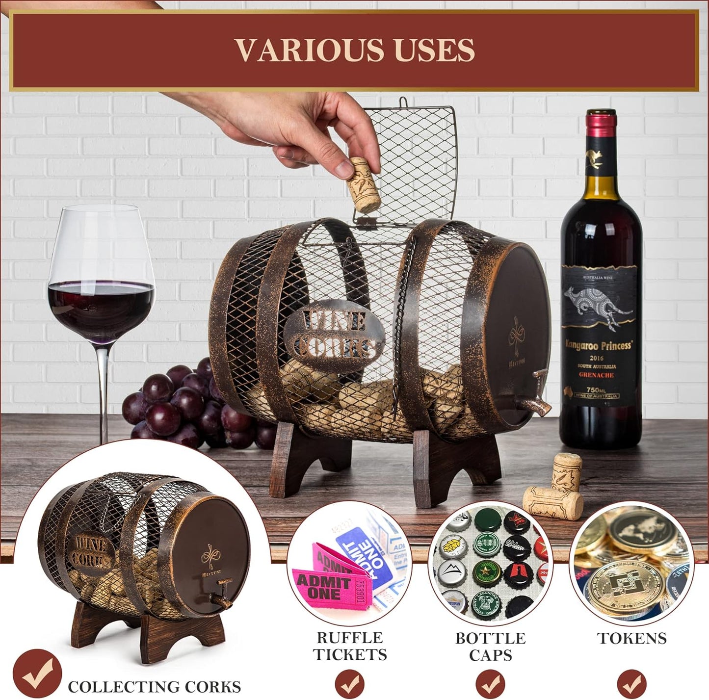 Rustic Metal Large Barrel Wine Cork Holder Display On Wooden Stand, Co