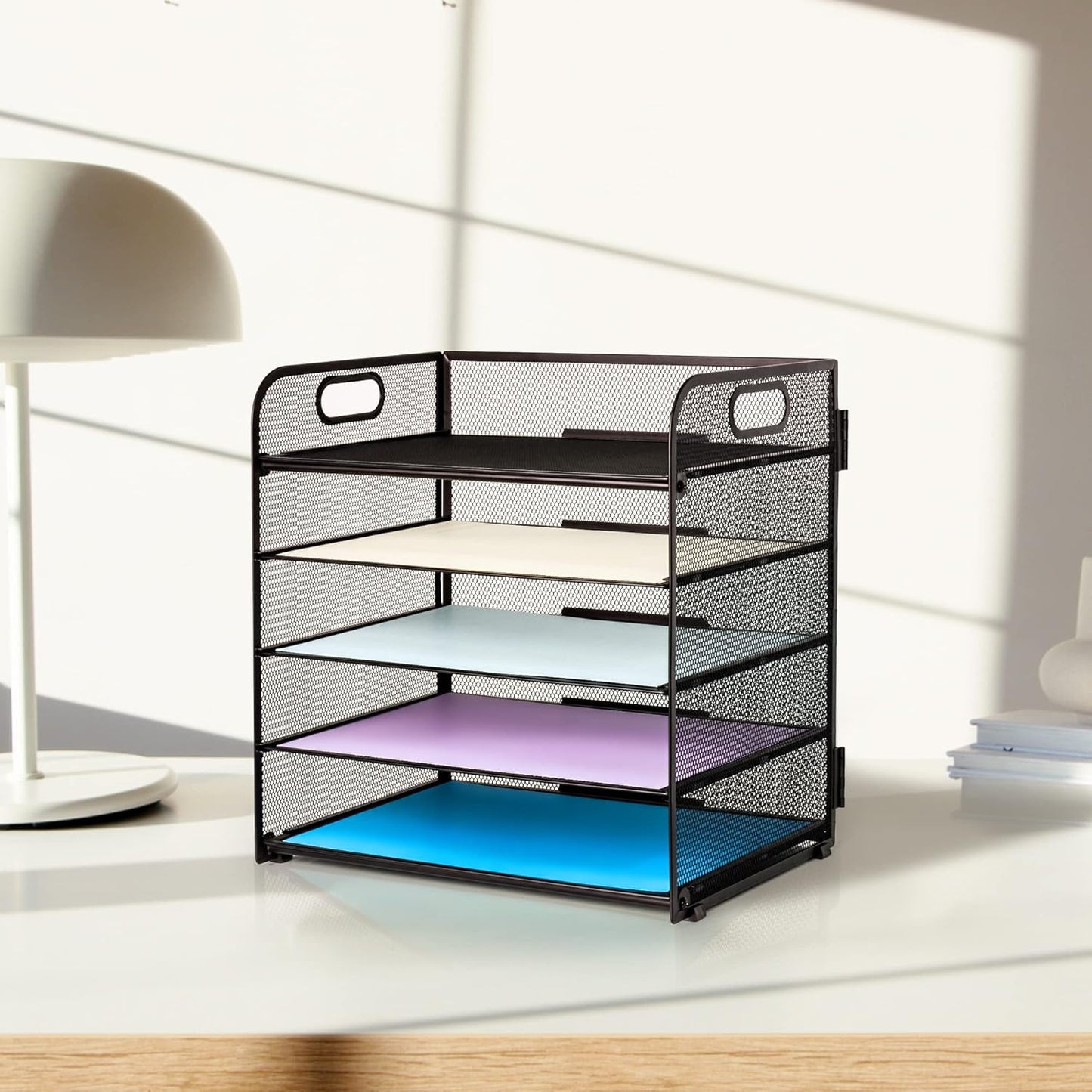 Supeasy 5 Trays Paper Organizer Letter Tray with Handle-Mesh Desk File