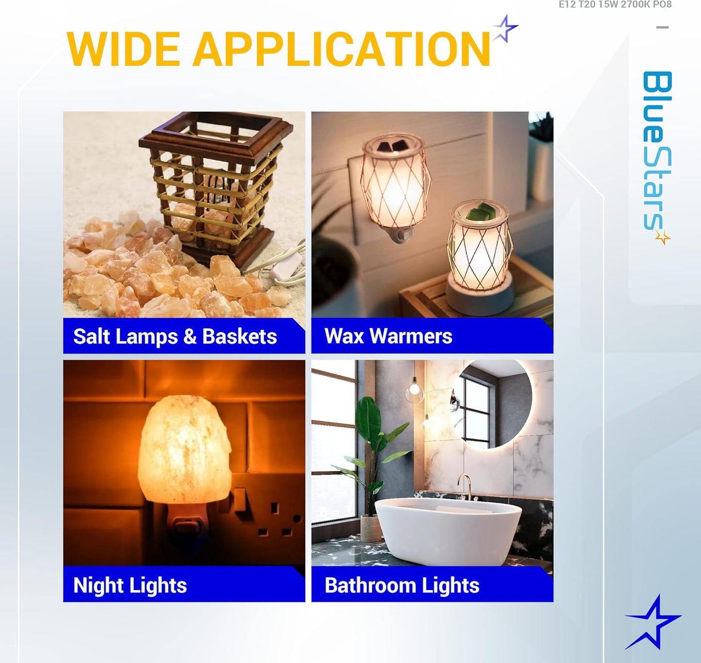 BlueStars E12 T20 Salt Lamp Bulb 120V 15W, 2700K Warm White, E12 Candelabra Base for Himalayan Salt Rock Lamps & Baskets, Scentsy Plug-in Wax Warmers, Night Lights - Pack of 8