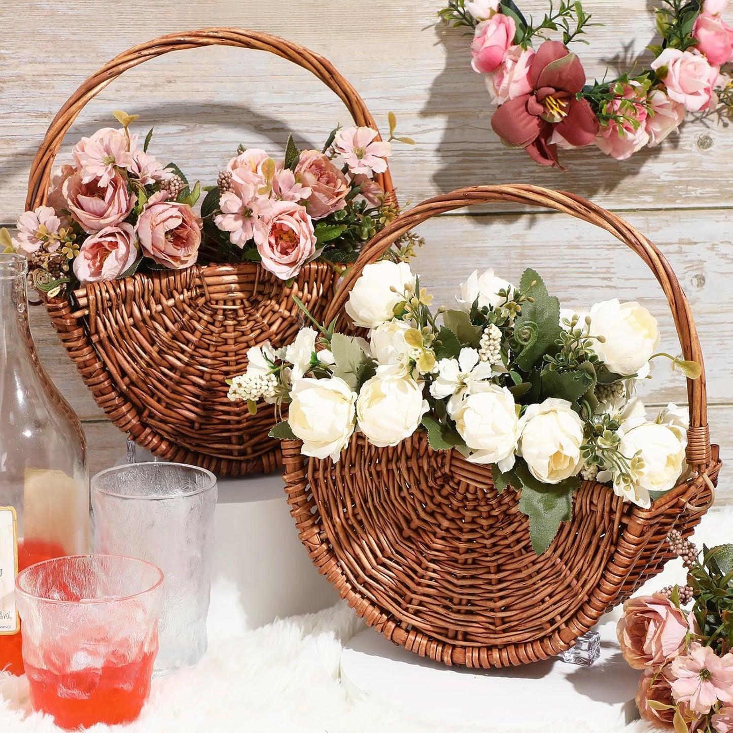 2 Pcs Flower Girl Baskets Half Moon Wicker Rattan Basket with Handle Willow Wedding Baskets for Valentine's Day Wedding Picnic Home Decorations Garden Storage (Dark Color)