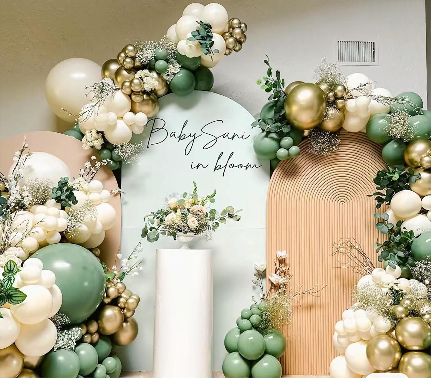 Sage Green White Gold Balloon Garland Arch Kit, 146Pcs Latex Balloons 