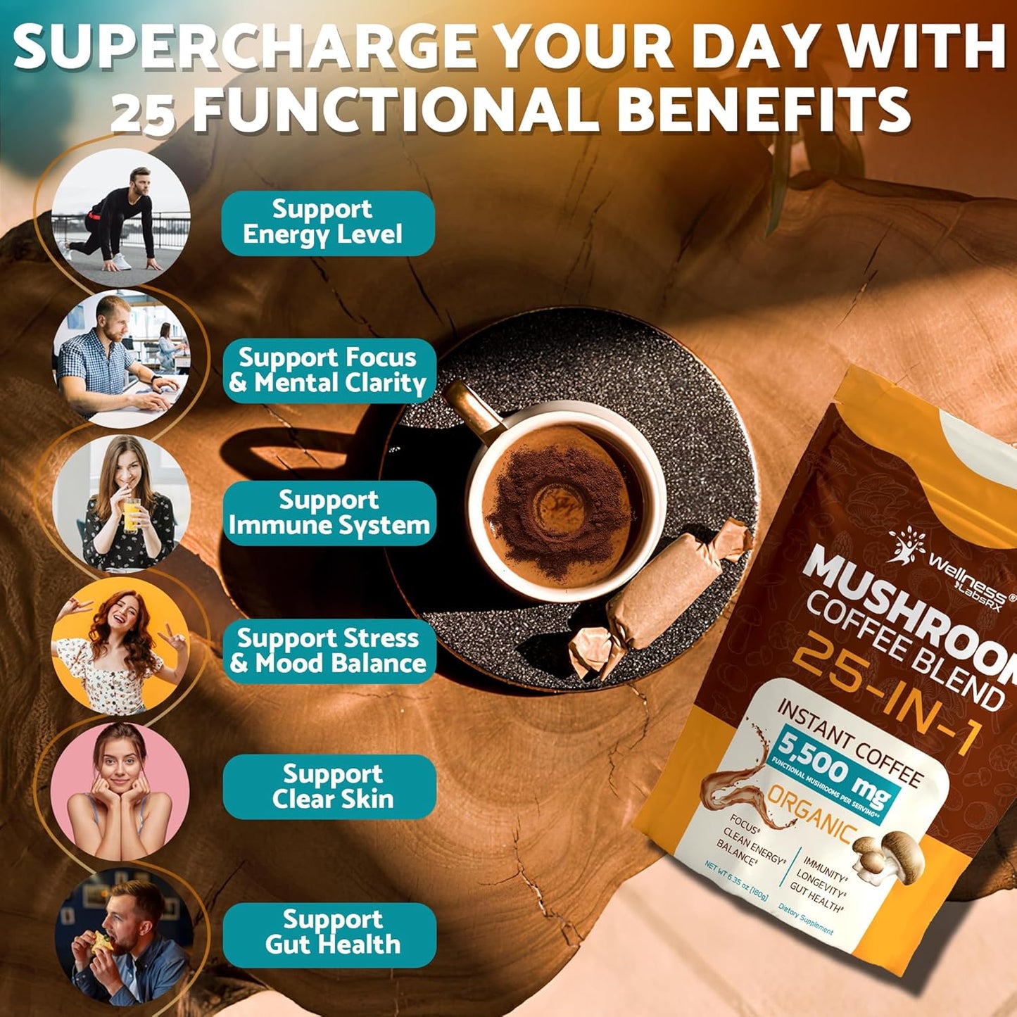 Mushroom Coffee Organic Instant Coffee, 25-in-1, Third-Party Tested Ke