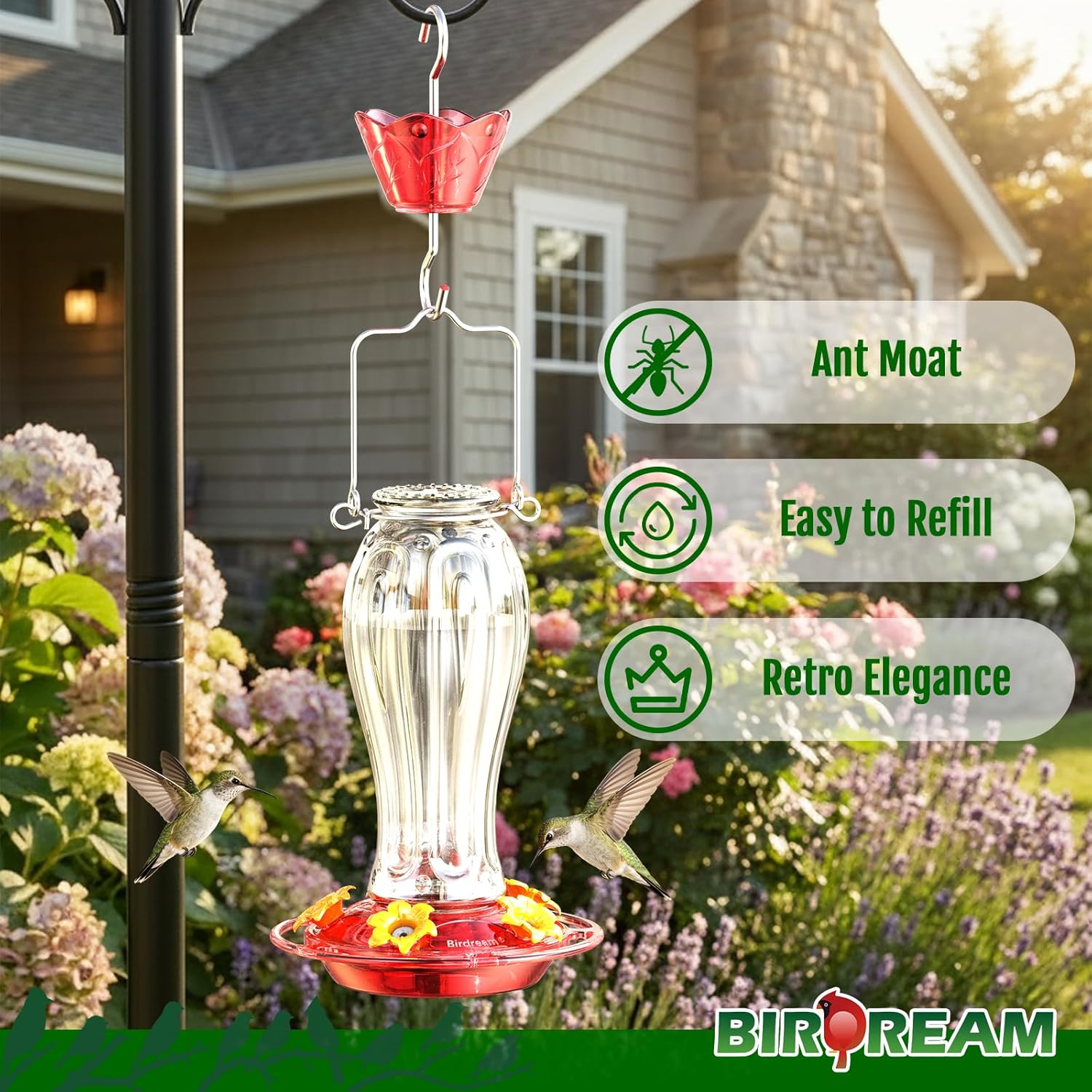 Birdream Glass Hummingbird Feeder for Outdoors, 18oz Hanging Nectar Ho