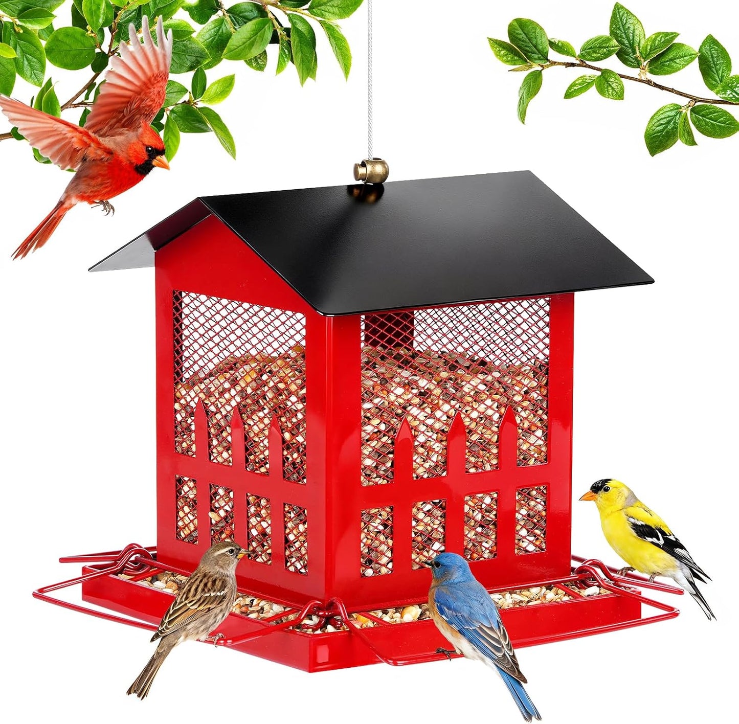 Bird Feeder, Large Bird Feeders for Outdoors Hanging, Metal Wild Bird Feeder with Upgraded Weatherproof Roof for Outside Backyard Garden Decor