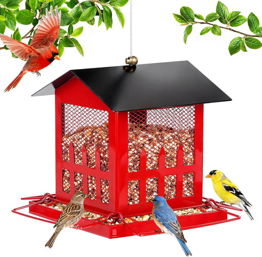 Bird Feeder, Large Bird Feeders for Outdoors Hanging, Metal Wild Bird Feeder with Upgraded Weatherproof Roof for Outside Backyard Garden Decor