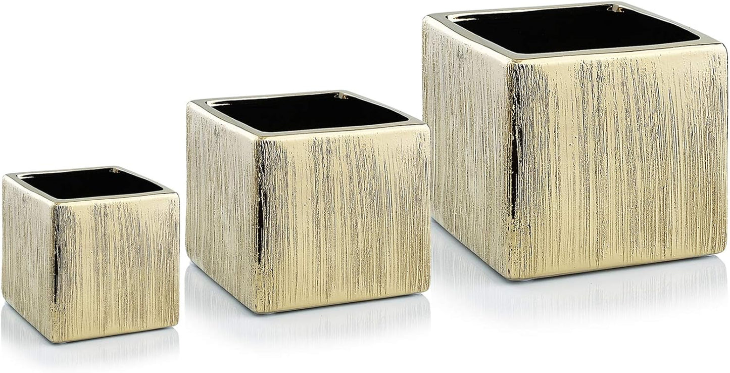 WGV Ceramic Cube Vase Width 4" Height 4" (Fits 3" Pot) Elegant Modern Block Square Floral Planter Terrarium Container Table Dresser for Event Accent Home Office Decor Gold Textured 1 Piece