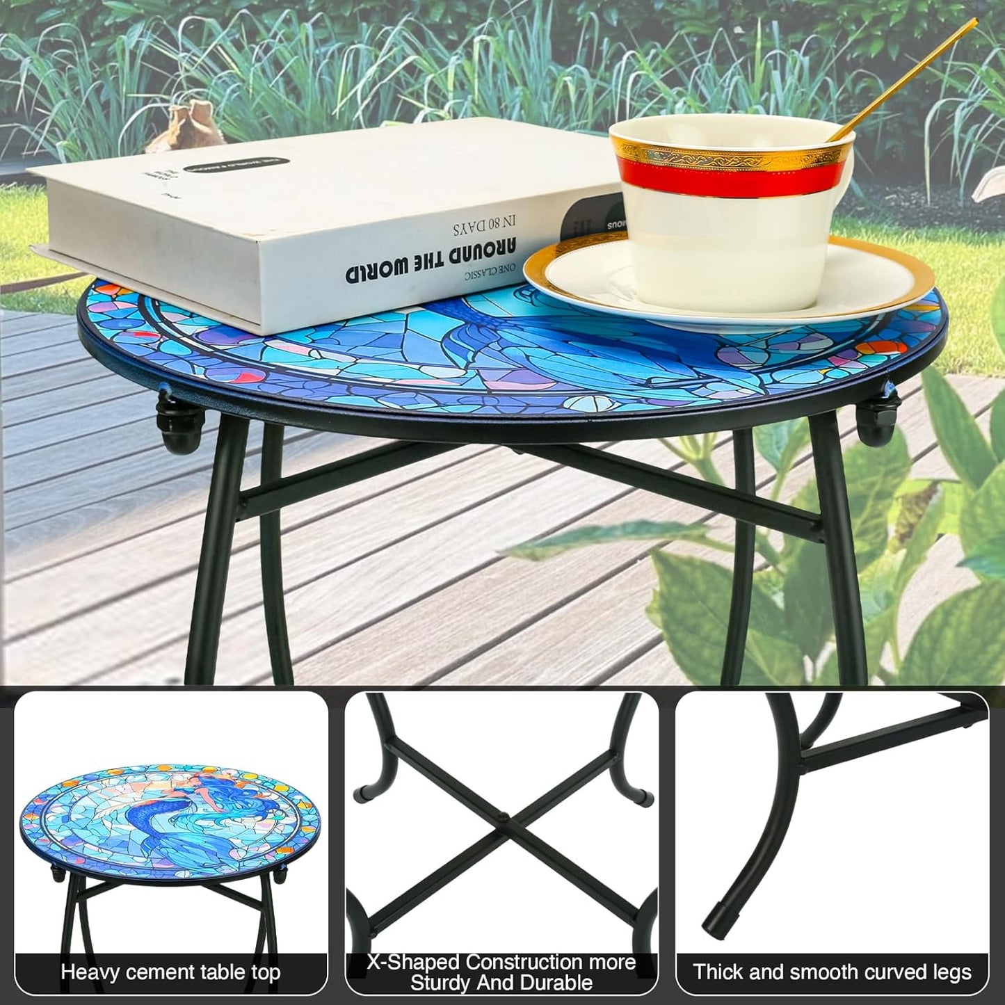 Indoor Outdoor Metal Round Side Table, 14 Inch Round Patio Coffee Bistro Table, Weather Resistant Black Metal Side Table for Patio Balcony Yard Porch Garden, Plant Stand for Indoor Outdoor Use