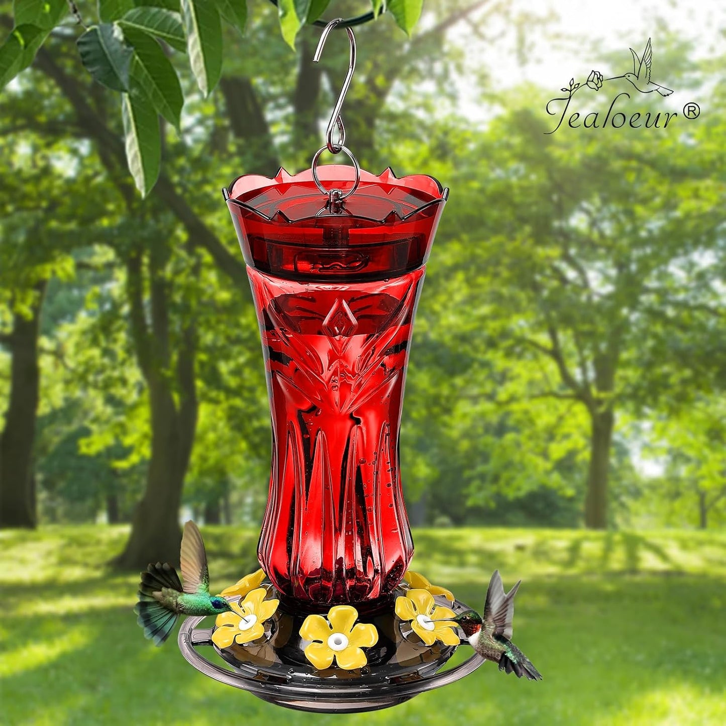 Hummingbird Feeders for Outdoors, Durable Hanging Humming Birds Feeders with 6 Bee Guard Feeding Ports & Built-in Ant Moat, Easy to Clean, Ideal for Garden Decor, 18 OZ, (1, Red)