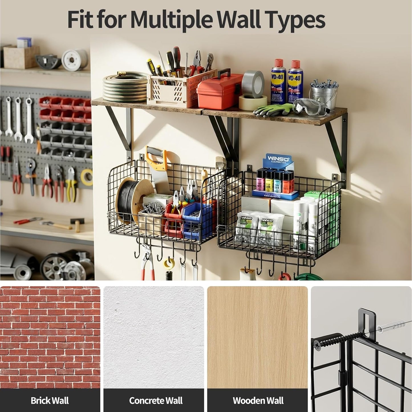Housolution Garage Shelving Wall Mounted, Heavy-Duty Garage Wall Shelving with Baskets & Hooks Supports up to 154 LBS in Total, Tool Storage Organizer for Home, Garden, Kitchen, Laundry Room