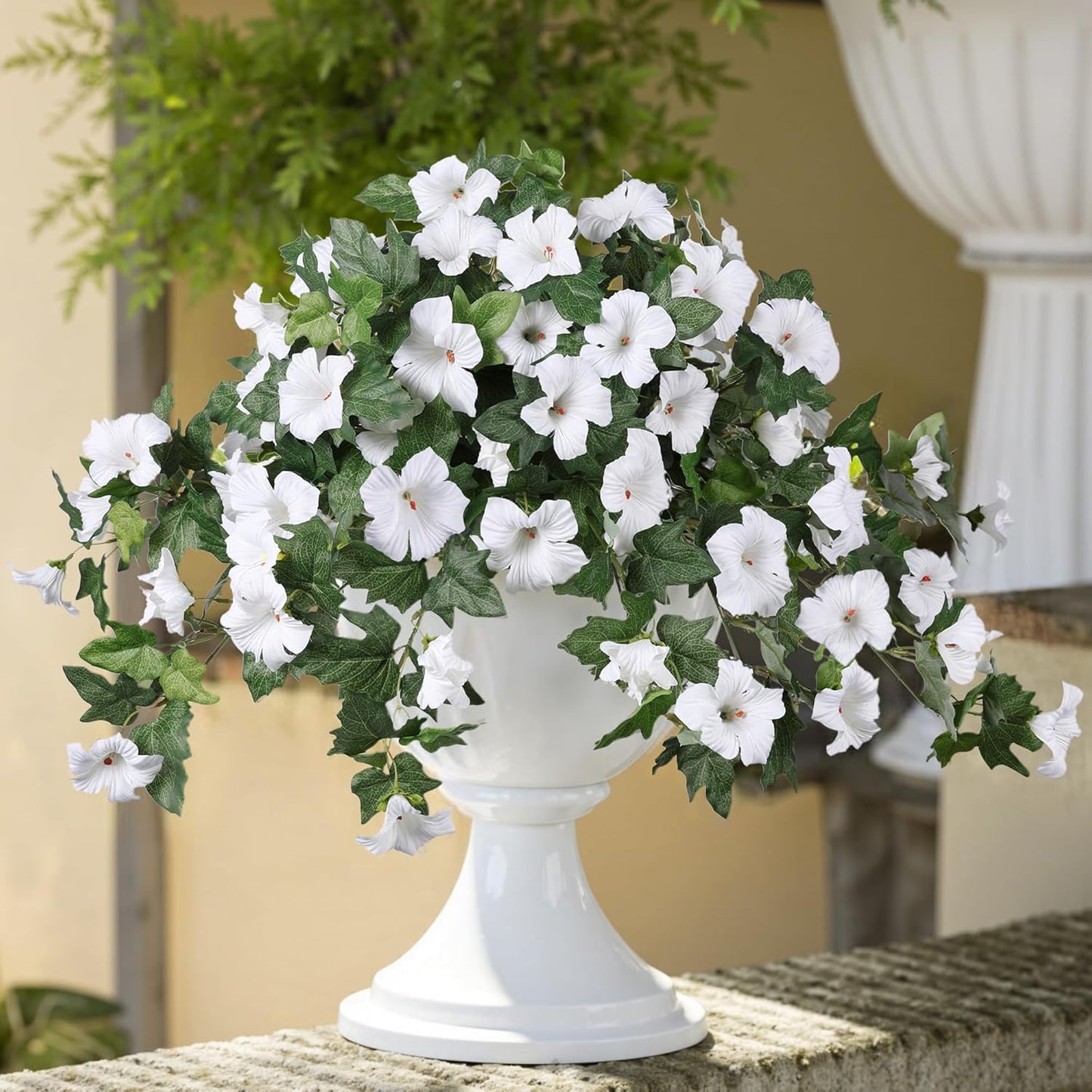 HyeFlora Artificial Flowers for Outdoors 2PCS Faux Petunias Silk Fake Flowers for Outside Planter UV Resistant Realistic Home Garden Porch Decor (White)