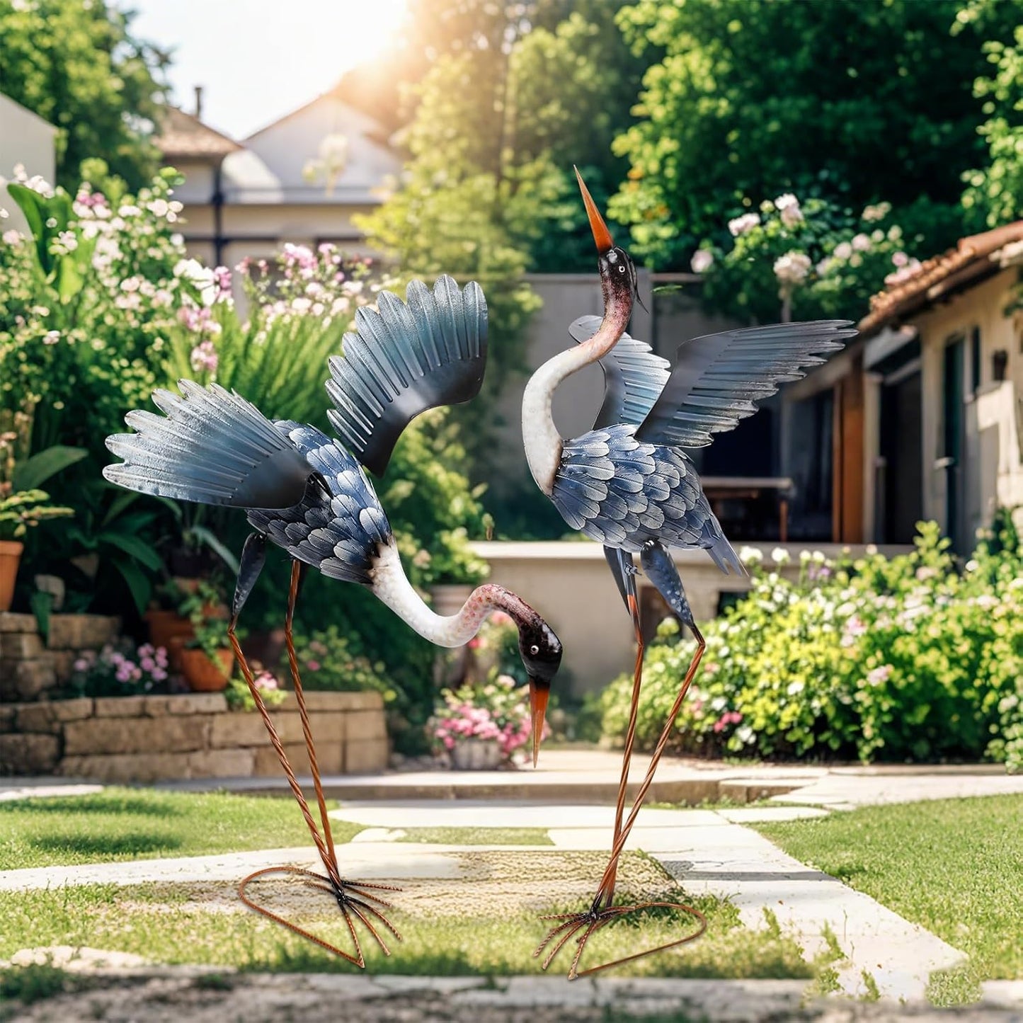 WONDER GARDEN Blue Heron Statue-Garden Statues for Outside - 2 Pack Crane Sculptures Statue, Metal Birds Yard Art for Pond, Patio, Outdoor, Porch Decor