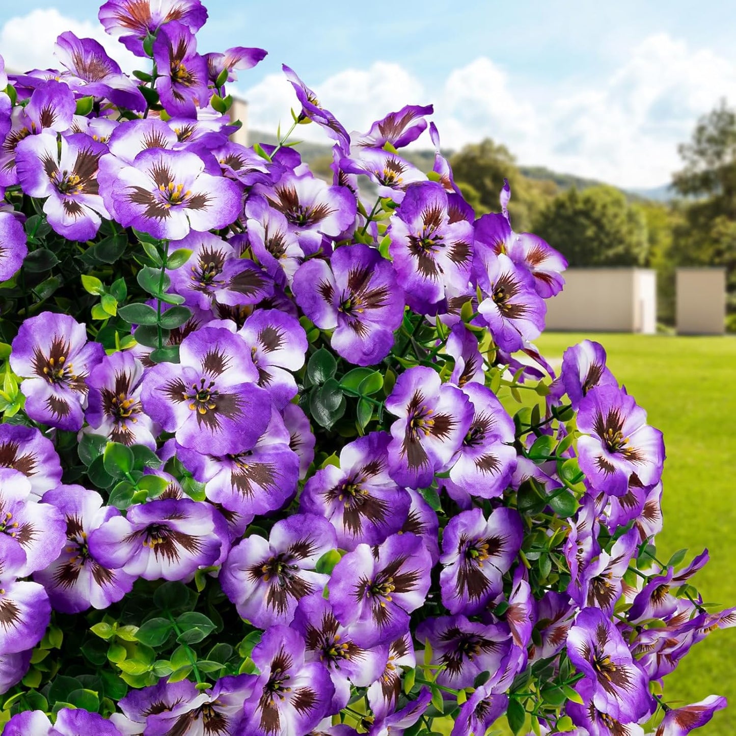 24 Pcs Artificial Fake Pansy Flowers for Outdoor,Faux Silk Plants Flowers UV Resistant Pansies Spring Flowers for Planter Front Door Porch Yard Patio garden Window Box Home Decor(Purple White)